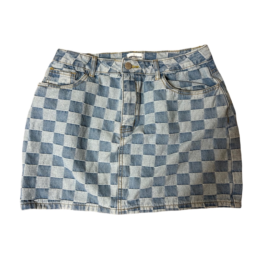 Superdown Denim Blue Checkered Jean Mini Skirt Large